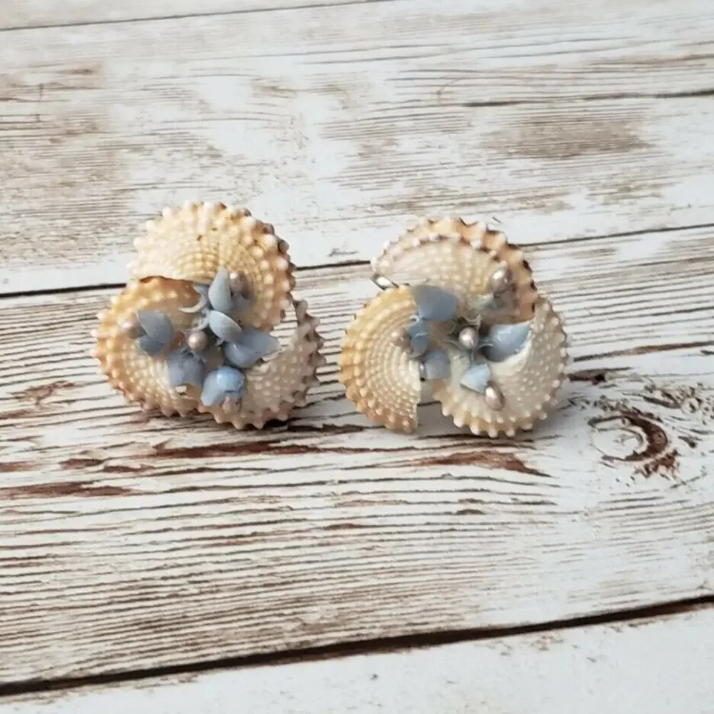 Vintage Screw On Earrings - Shell with Blue Detail